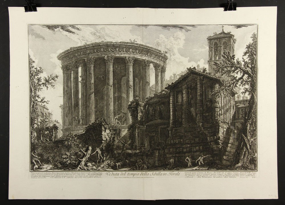 Piranesi, Veduta del tempio della Sibilla in Tivoli,: Giovanni Battista Piranesi (Italian 1720-1778), Veduta del tempio della Sibilla in Tivoli, etching, 1761, Hind 61, Focillon 764, state: Hind III/V, 20 1/2"h x 29"w (sheet), 16 1/2"h x 25"w (plate). Pr