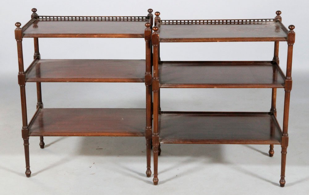 Pair of 3 Tiered Side Tables: Pair of three-tiered side tables, 25 1/2" h x 20 1/2" w x 12 1/2" d.