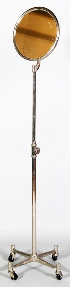 Early 20th C. Shaving Mirror: Early 20th century, Art Deco, rolling shaving mirror, chrome steel and plated metal, adjustable height 44"h to 60"h, 16"l x 16"w (base).