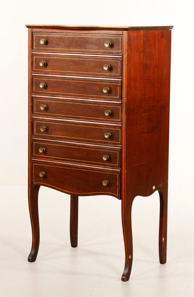 Victorian Spool Cabinet: Victorian spool cabinet, mahogany, with seven drawers, decorated with line inlay, , 41 1/4" h x 20 3/4" w x 15 1/4" d. Provenance: MA estate.