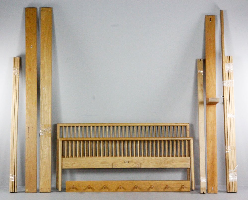 Charles Webb Bedframe and Coat Rack: Lot of items by Charles Webb, to include: cherry queen size bedframe, and eight-hook linear coat rack, with original paper label, 5" h x 56" w x 4" d.