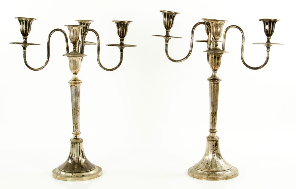Pr. 19th C. Silver Plate Candelabra: Pair of 19th century candelabra, silver plate, 16 1/4" h x 11" dia. Provenance: From a New Hampshire estate.