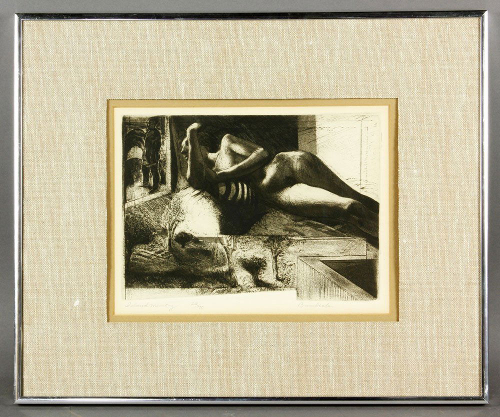 Bumbeck, "Island Memory": David Bumbeck, "Island Memory," reclining nude, 26/40, 6 1/4" h x 9 1/2" w (view), 17 1/4" x 14 1/4" (Frame).