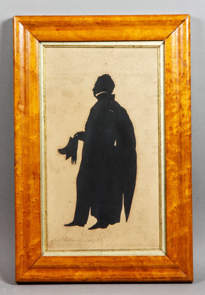 Edouart, Full Length Silhouette: Augustin Edouart (1789-1861), full length cut and paste silhouette, signed lower left and dated 1827, on reverse is original Edouart newspaper ad, in bird's eye maple frame, 10 1/2" h x 5 3/4" w (view