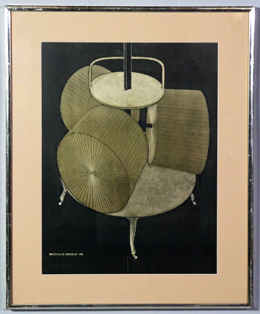 Duchamp, "Broyeuse De Chacolat 1914", Print: Marcel Duchamp (French Artist, 1887-1968), "Broyeuse De Chacolat 1914", print, unsigned, ©New York Graphic Society, 23 1/2" x 17 5/8", 30 3/4" x 24 3/4" (frame).