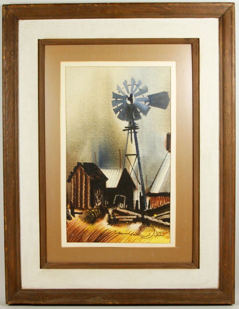 Ochi, Windmill by a Farm, Watercolor: Fred Ochi (1913-2007), windmill by a farm, watercolor, signed, 23"x16" (view), 29"x22" (frame).