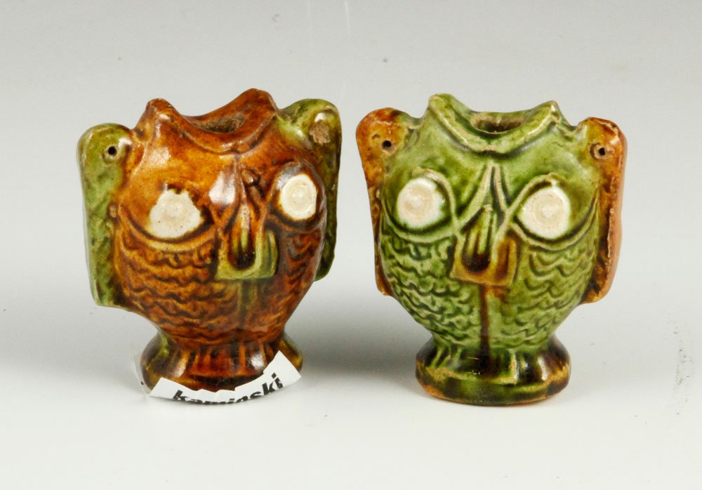 Pair of Porcelain Glazed Bottles: Pair of porcelain brown and green glazed bottles, 2"h.