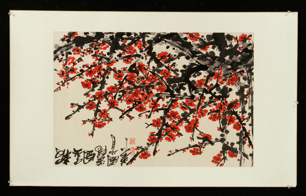Chinese Scroll Painting, W/C: Chinese scroll painting, watercolor on paper, signed Guan Shanyue, depicting a plum tree, 27" h x 18" w.