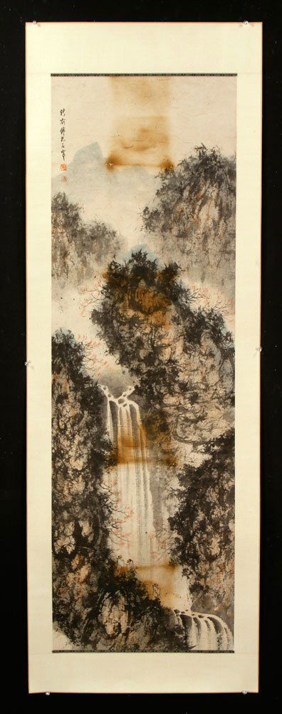 Chinese Shan Shui Painting, W/C: Chinese shan shui painting on paper, watercolor, signed Fu Baoshi, depicting mountains and rivers, 54" h x 17 1/2" w.