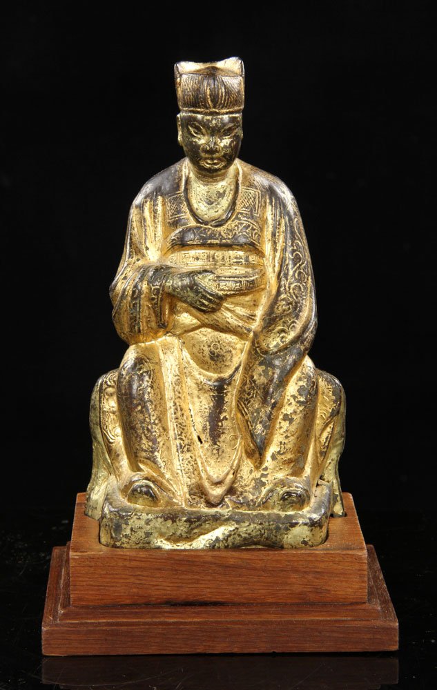 Chinese Ming Dynasty Figure, Gilt Bronze: Chinese Ming Dynasty figure, gilt bronze, on stand, figure measures 8" h x 4 1/2" x 3" d, overall 9 1/2" h.