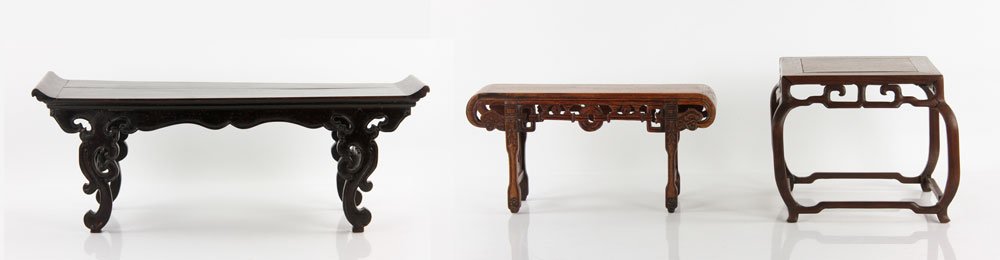 Lot of 3 Chinese Stands, Wood: Lot of three Chinese stands, wood, to include: one square-shape stand, 7 1/2" h x 8 1/2" w; two altar table-shape stands, one 7 1/2" h x 21" w x 7" d; the other 6 1/2" h x 3" w x 4" d.