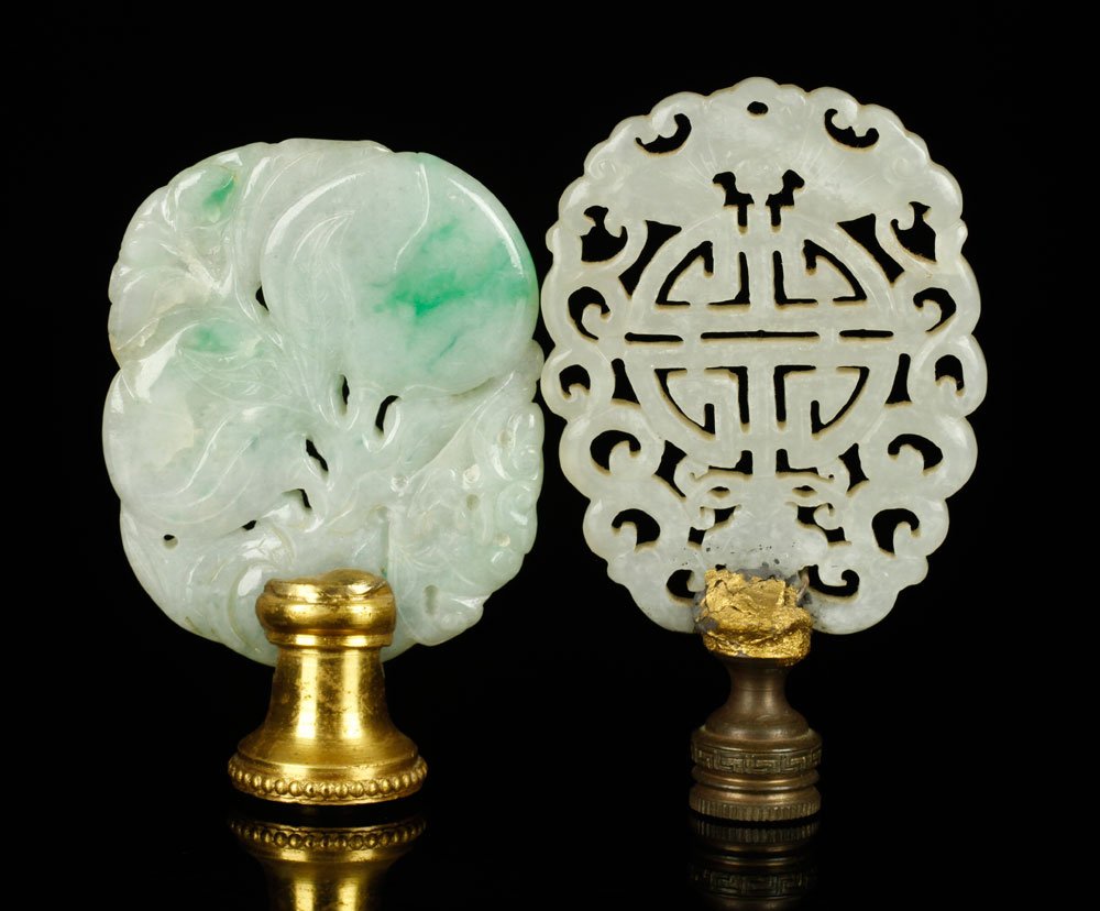 Lot of 2 Chinese Carved Plaques as Finials, Jade and: Lot of two Chinese carved plaques used as finials, jade and jadeite, both 3" h. Provenance: From a Massachusetts estate.