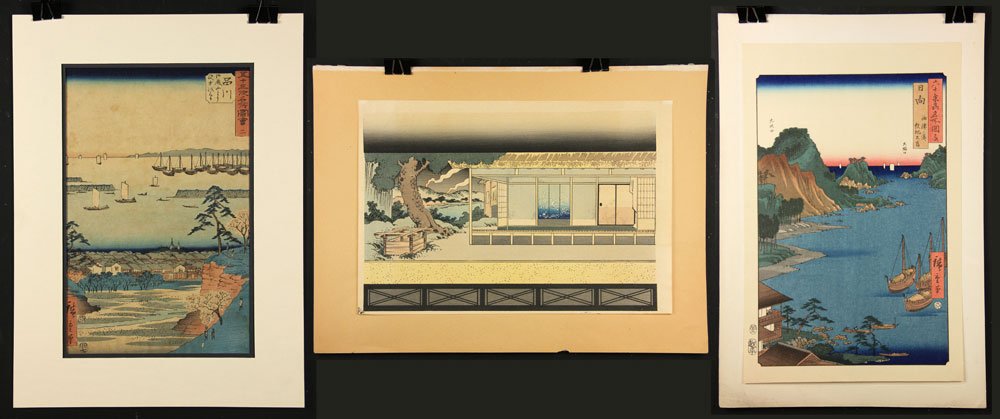 Lot of 3 Japanese Later 19th C. Ukiyo-e Woodblock: Lot of 3 Japanese later 19th century Ukiyo-e woodblock prints, to include: a Kabuki scene depicting three actors, circa 1930s, with tissue overlay, 15 1/2" h x 10 1/4" w; Attr. Hiroshige Ando, landsca