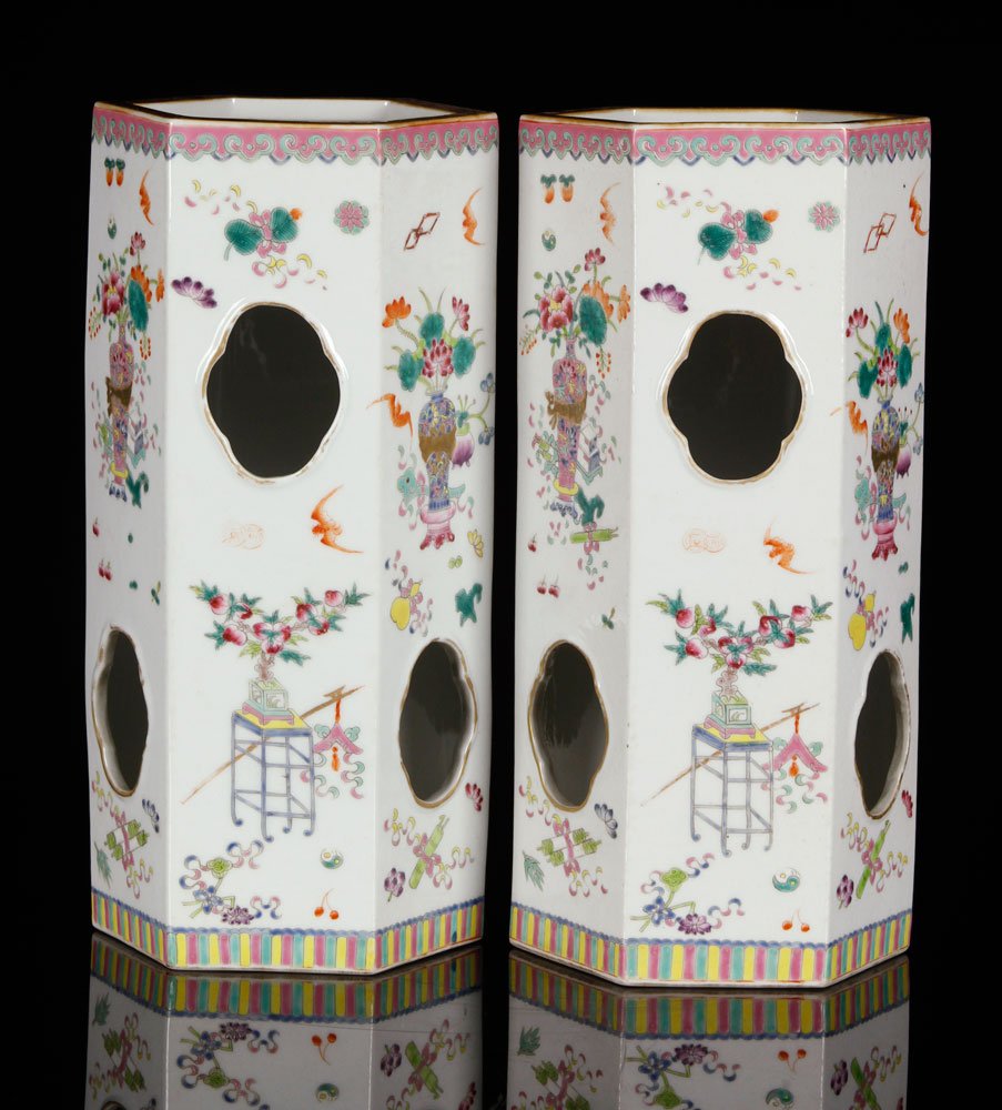 Pr. 19th C. Chinese Famille Rose Hat Stand Vases,: Pair of 19th C. Chinese hexagonal famille rose hat stand vases, porcelain, with Jiaqing marks, 11" h.
