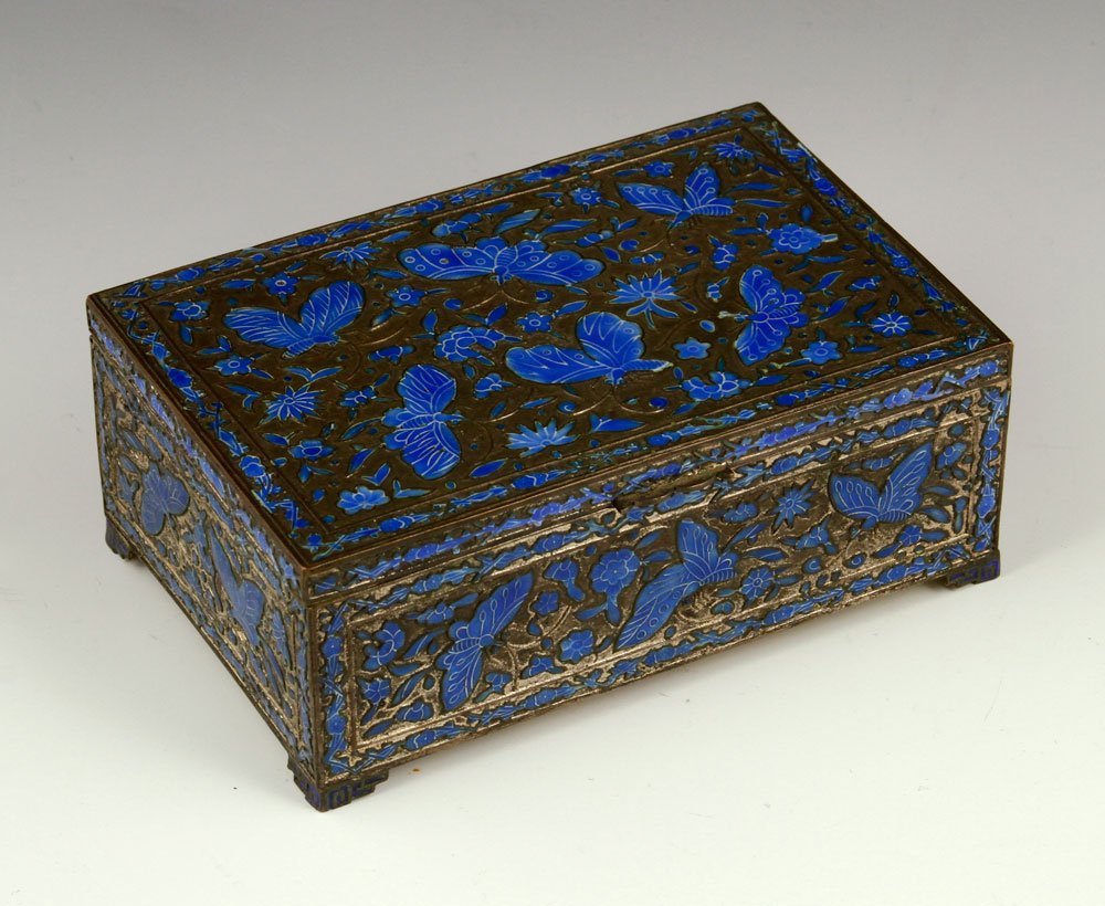 Enameled Box, Silver over Wood: Enameled box, silver over wood with blue cloisonné depicting butterflies and flowers, 1 3/4" h x 5 1/4" w x 3 1/2" d.