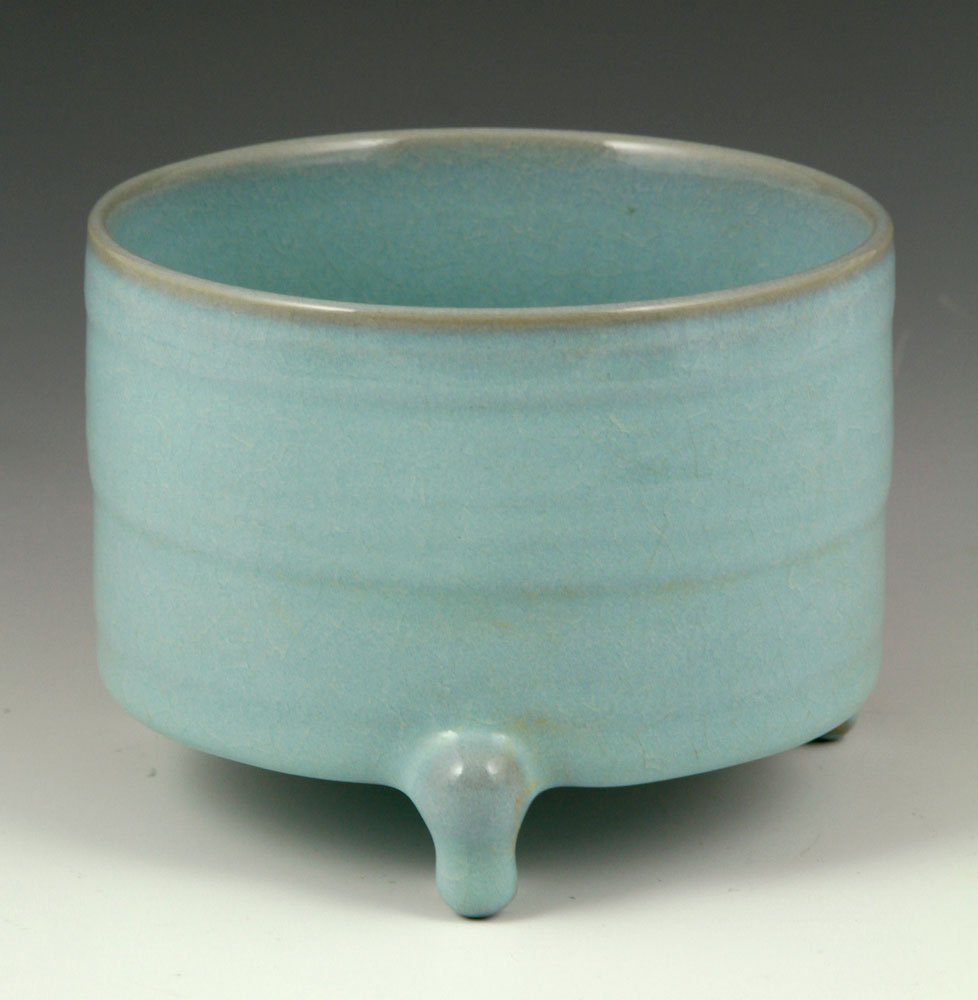 Chinese Censer, Porcelain: Chinese robin's egg blue glazed censer, porcelain, on three legs, 4" h x 5" dia.