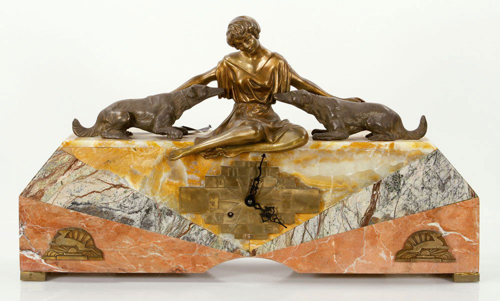 Art Deco Mantle Clock with Figure of a Girl, Marble and: Art Deco mantle clock with figure of a seated girl, marble and bronze, key included, 14" h x 24" w x 5 1/2" d. Provenance: From the unreserved estate of a prominent Los Angeles attorney.