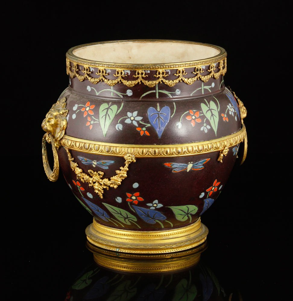 English Pot with Ormolu Mountings, Ceramic and Bronze: English pot with ormolu mountings, ceramic and bronze, marked " w F Dow," 6" h x 6" w. Provenance: From the unreserved estate of a prominent Los Angeles attorney.