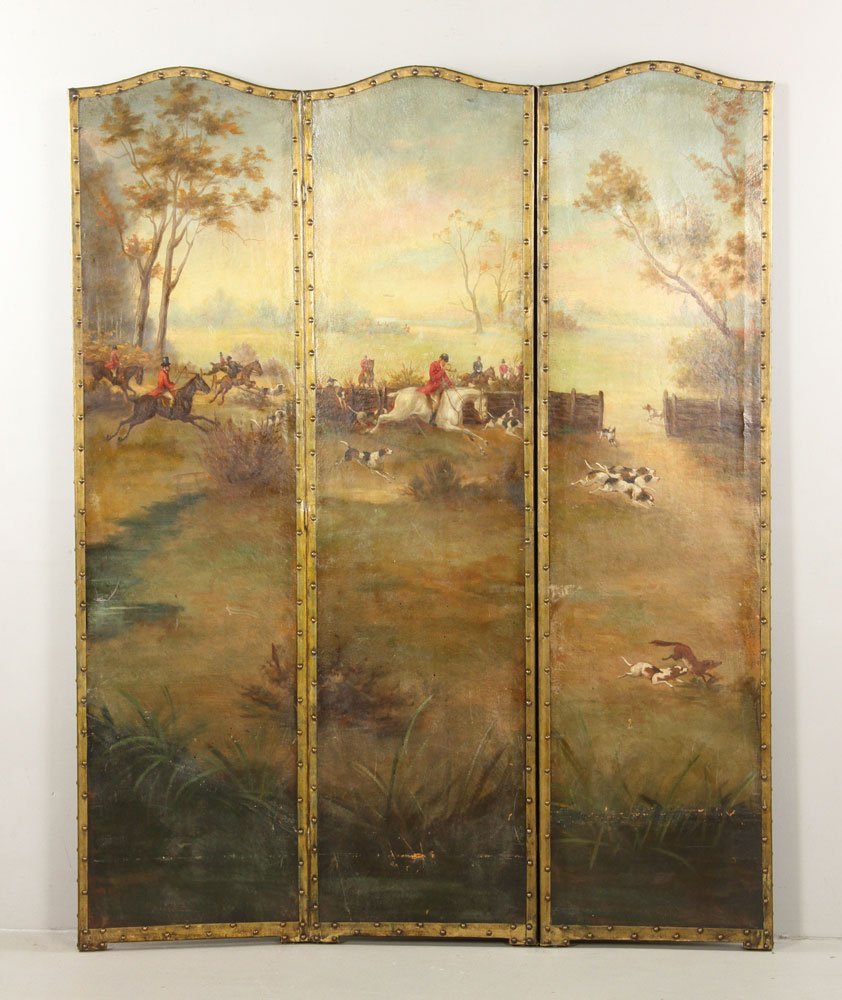 Three Panel Folding Screen: Three panel folding screen, depicting hunting scene on one side of each panel, 69" h x 18" w. Provenance: From the unreserved estate of a prominent Los Angeles Attorney.