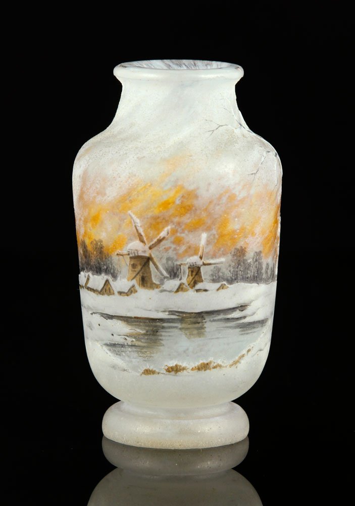 Glass Vase with Winter Landscape: Glass vase, marked Daum, depicting a winter landscpae, signed on bottom, 3 5/8" h x 2 1/4" w. Provenance: From the unreserved collection of Mrs. Jackie Pearson of San Diego, California.