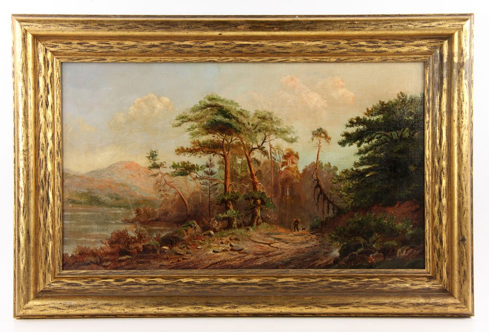 19th C. American Hudson River School, Mountain: 19th century American Hudson River School painting depicting a a mountain landscape, oil on canvas, initlaled "JSW" in lower right, 14" h x 24" w (view), 19 1/4" h x 29 1/2" w (frame). Provenance: Fro