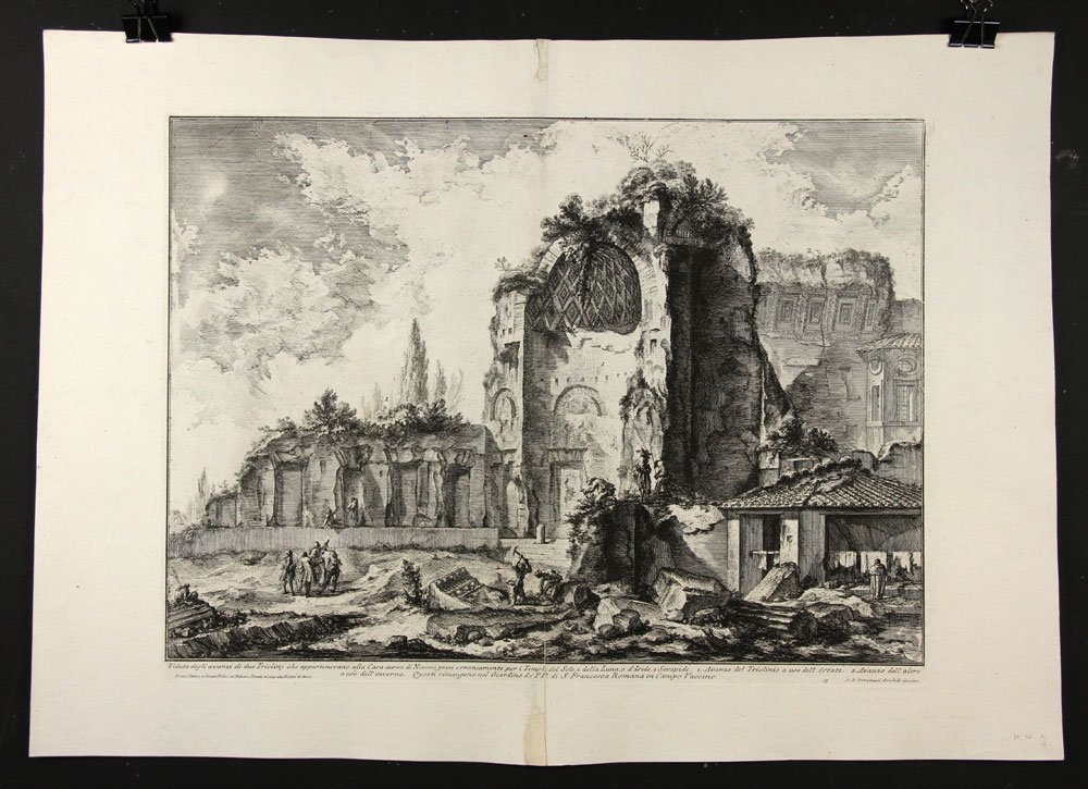 Piranesi, “Veduta degli Avanzi di Due Triclini,”: Gianbattista Piranesi (Italian, 1720-1778), “Veduta degli Avanzi di Due Triclini,” 19th century etching of a 1759 etching, Hind 50, Focillon 812, state: Hind IV/VI, 20 5/8” h x 29” w (sheet), 
