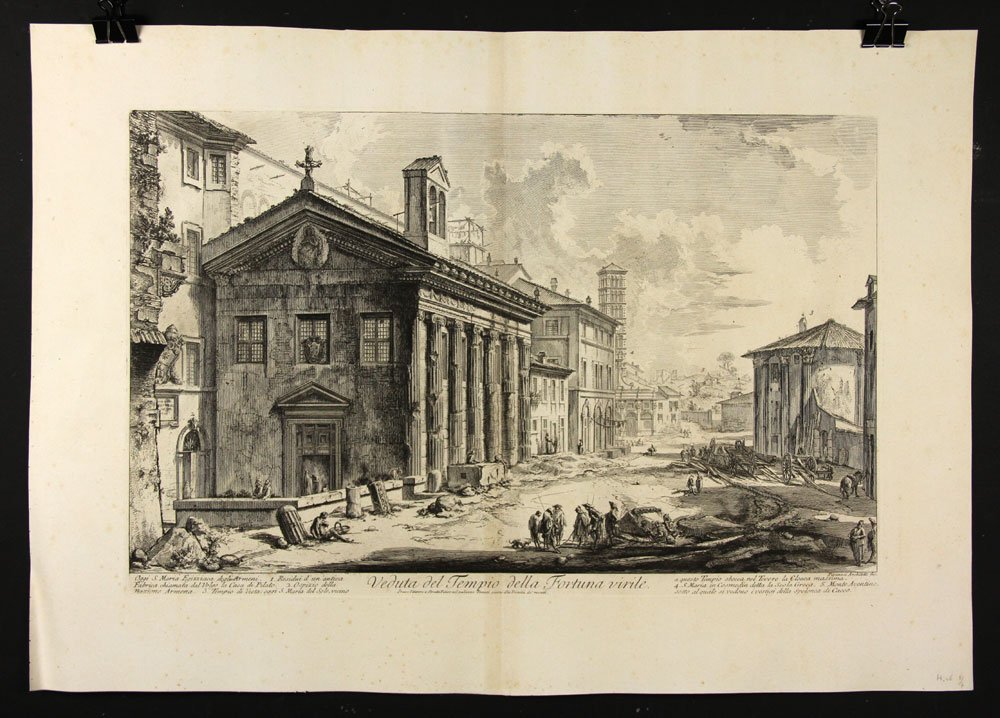 Piranesi, “Veduta del Tempio Della Fortuna Virile,”: Gianbattista Piranesi (Italian, 1720-1778), “Veduta del tempio della Fortuna Virile,” 19th century etching of a 1758 etching, Hind 46, Focillon 817, state: Hind V/VII, 20 3/8” h x 29 1/8” w (s