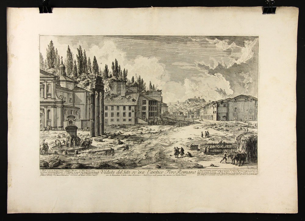 Piranesi, “Veduta del Sito, Ov'era l'Antico Foro: Gianbattista Piranesi (Italian, 1720-1778), “Veduta del Sito, ov'era l'antico Foro Romano,” 19th century etching of a 1756 etching, Hind 41, Focillon 801, state: Hind III/VII, 21 5/8” h x 30 1/2