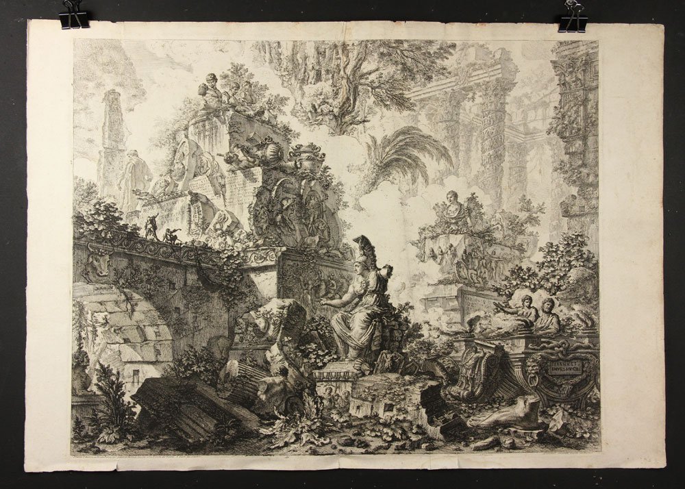 Piranesi, “ Frontispiece with statue of Minerva–Left: Gianbattista Piranesi (Italian, 1720-1778), “Frontispiece with statue of Minerva–Left Half” 19th century etching of a 1748 etching, Hind 2, Focillon 786, state: Hind III/VII, 21” h x 30 1/8”
