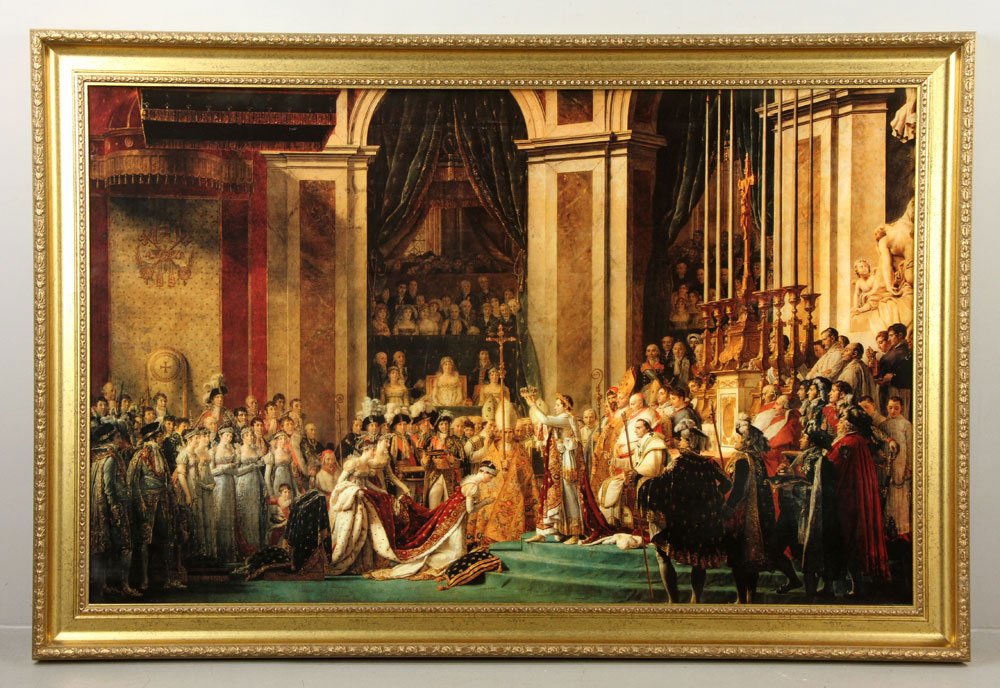 Napoleon Crowning Josephine, Offset Lithograph: Unconfirmed Artist (Possibly Jacques Louis David) Napoleon Crowning Josephine, large format offset color lithograph, Napoleon and a kneeling Josephine enclosed by a multitude of men and women from the