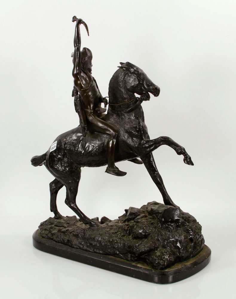 After Remington, Sioux Man on Horseback, Bronze: Frederic Remington (After), Sioux man on horseback, cast and patinated bronze sculpture, the Sioux Indian seated on his horse with a dagger upraised in his right hand, the whole applied with a rich ch