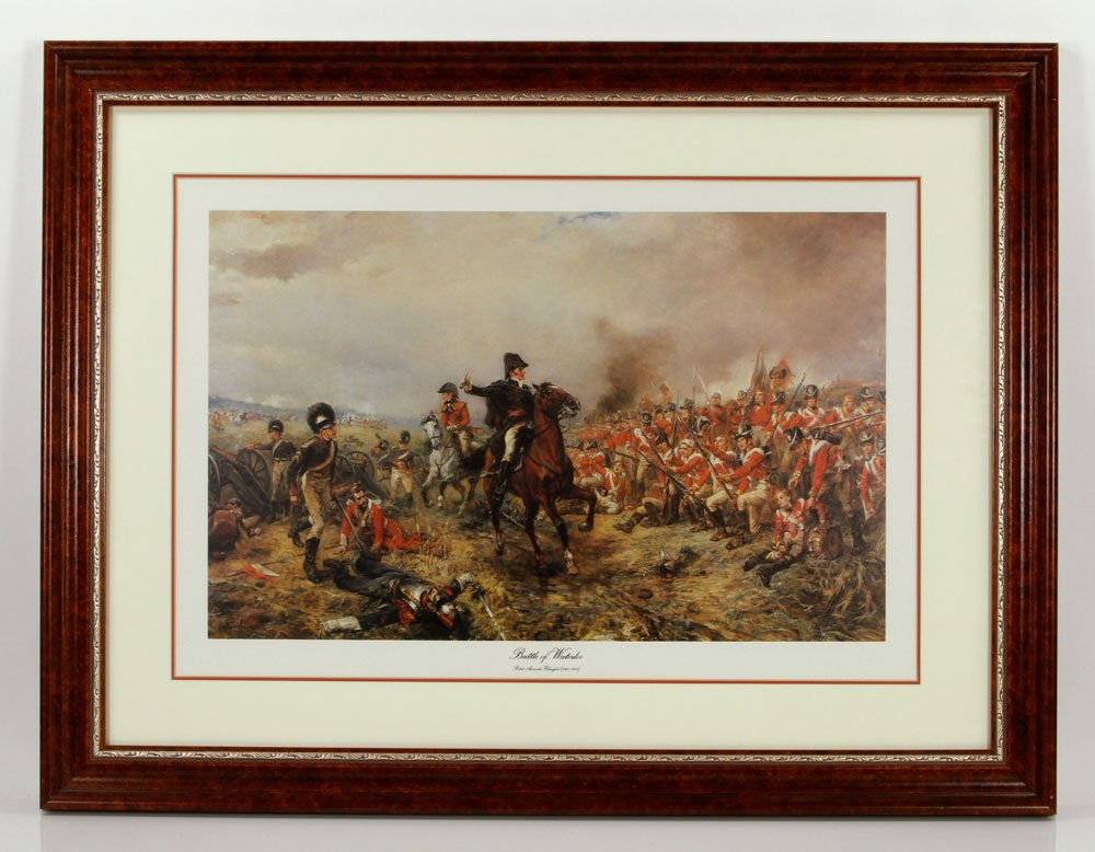 After Hillingford, Battle of Waterloo, Offset: English, Robert Hillingford (After, The Battle Of Waterloo, offset lithograph printed in multiple colors, centering on a Napoleonic field marshal (or Lord Willington), sheet, 15" x 22 1/2", glazed and