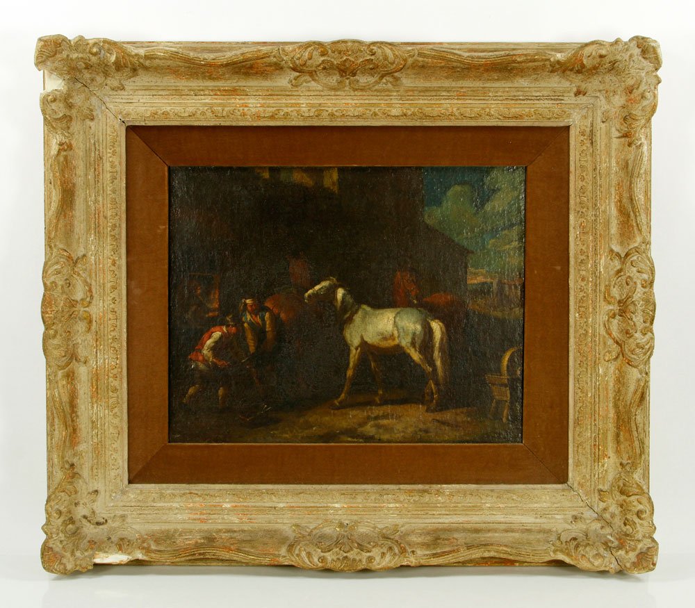 The New Stallion, O/C: John Herring (In The Manner Of), The New Stallion, oil on canvas, the white stallion posed in a partially shadowed barnyard flanked by two men, two other horses, and a grinding wheel. Provenance: From