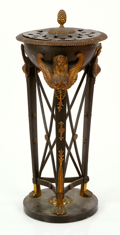 French Empire Style Athenienne: French Empire Style tôle peint small Athénienne, possibly Napoleon III Period, 3rd Quarter, 19th century, the basin supported on three standards detailed with winged caryatids. Provenance: From the 