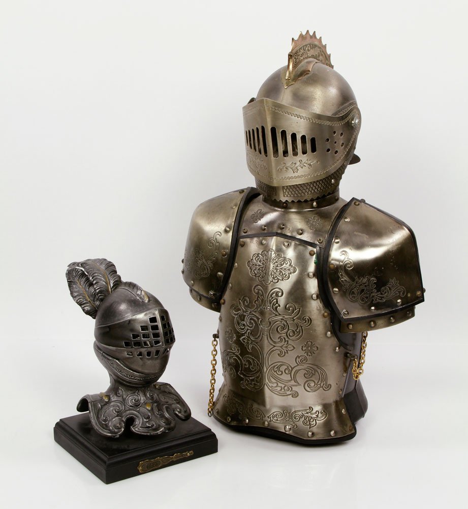 Lot of 2 Decorative Items: Lot of two decorative items, to include: wrought metal miniature suit of armor, modeled in the gothic style with visored helmet and a cigarette lighter in the form of a knight's helmet. Provenance: Fr