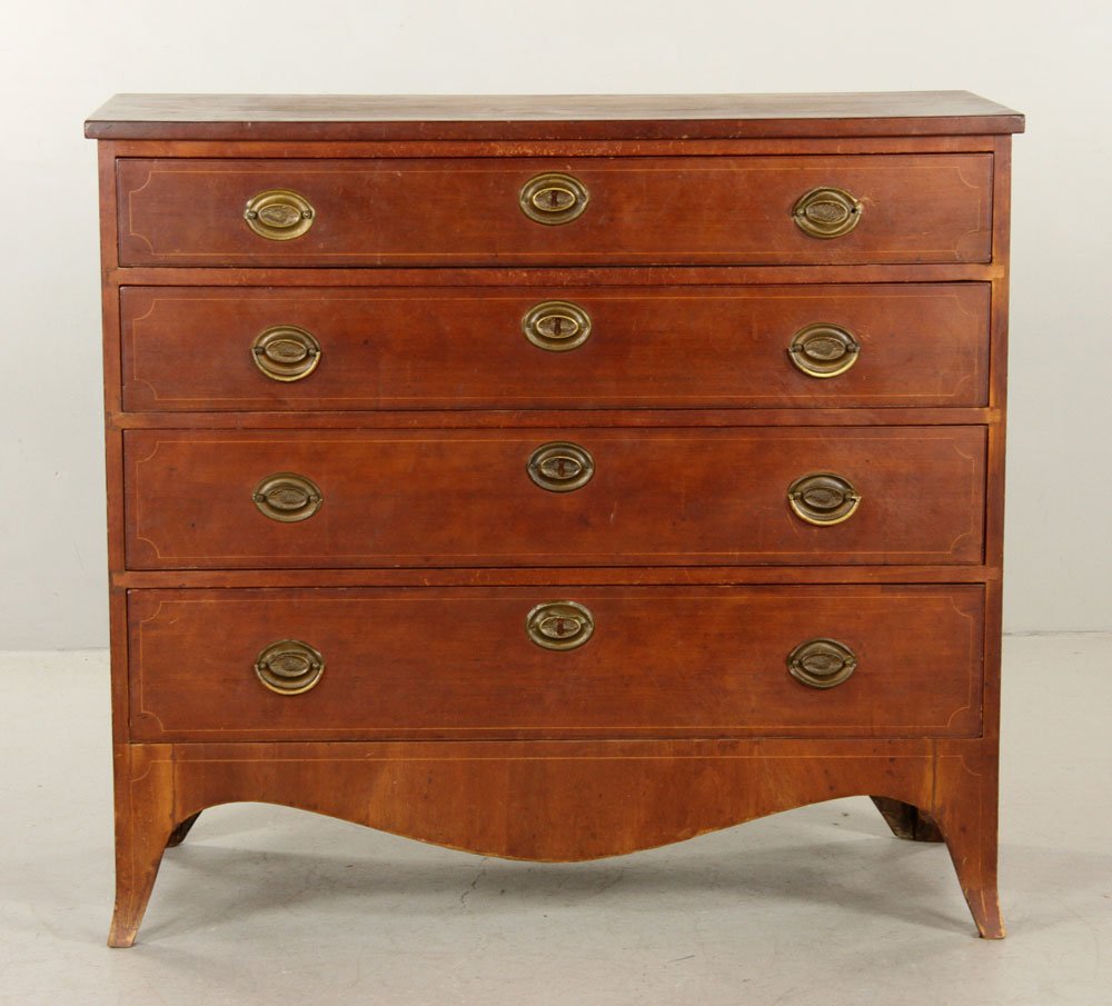 19th C. American Hepplewhite Cherry Chest: Early 19th century American Hepplewhite chest, cherry, with line inlay and four drawers, 36 1/2" h x 40" w x 18 1/2" d. Provenance: From a Beverly, MA collection.
