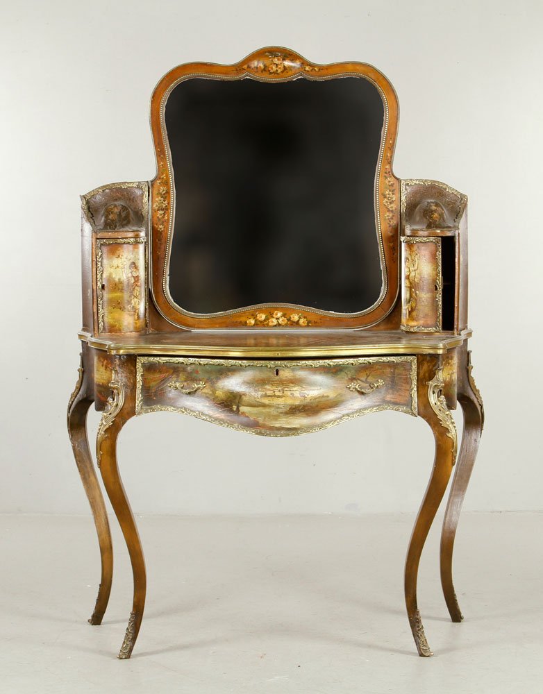 19th/20th C. Vernis Martin Style Vanity: Late 19th/early 20th century Vernis Martin style vanity, hand painted, with ormolu mounts and beveled glass mirror, 57" h x 38" w x 20" d. Provenance: From a Massachusetts estate.