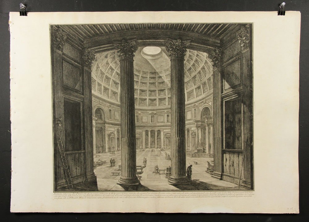 Piranesi, "Veduta Interna del Panteon," Etching: Giambattista Piranesi, "Veduta interna del Panteon," 1768 etching, of Vedute di Roma, ref: Focillon 763, Hind II/IV, first Paris edition, 21 1/2" h x 31 1/3" w (sheet), 19" h x 22 1/4" w (plate). Prov