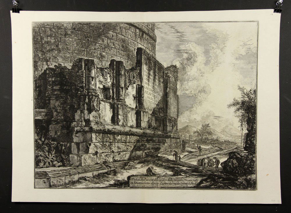 Piranesi, "Veduta degli Avanzi del Sepolcro della: Giambattista Piranesi, "Veduta degli avanzi del sepolcro della famiglia Plauzia," 1761 etching, of Vedute di Roma, ref: Focillon 783, Hind I/III, first Paris edition, 20 1/2" h x 29" w (sheet), 18 1/4