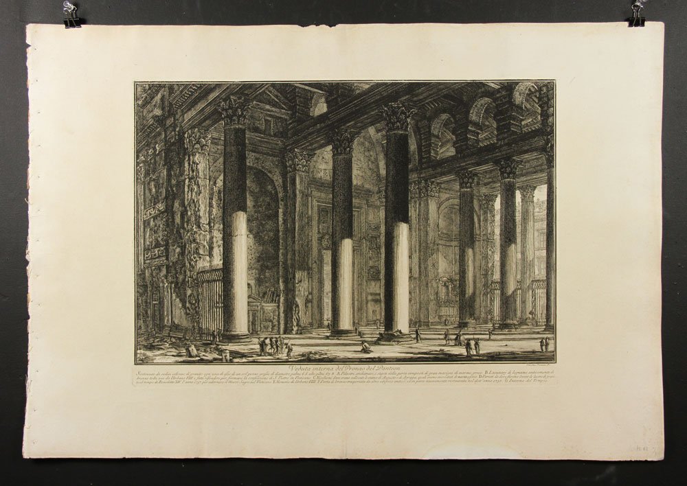 Piranesi, "Veduta del Pronao del Panteon," Etching: Giambattista Piranesi, "Veduta interna del Pronao del Panteon," 1769 etching, of Vedute di Roma, ref: Focillon 762, Hind I/III, first Paris edition, 21 1/2" h x 31 1/2" w (sheet), 15" h x 21" w (plate