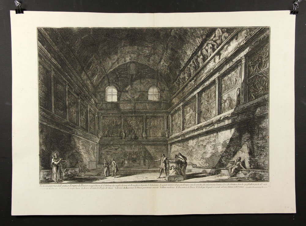Piranesi, "Veduta dell'Antico Tempio di Bacco," Etching: Giambattista Piranesi, "Veduta interna dell'antico Tempio di Bacco oggi Chiesa di San Urbano," 1767 etching, of Vedute di Roma, ref: Focillon 752, Hind II/IV, first Paris edition, 20 3/4" h x 28 3/4" 