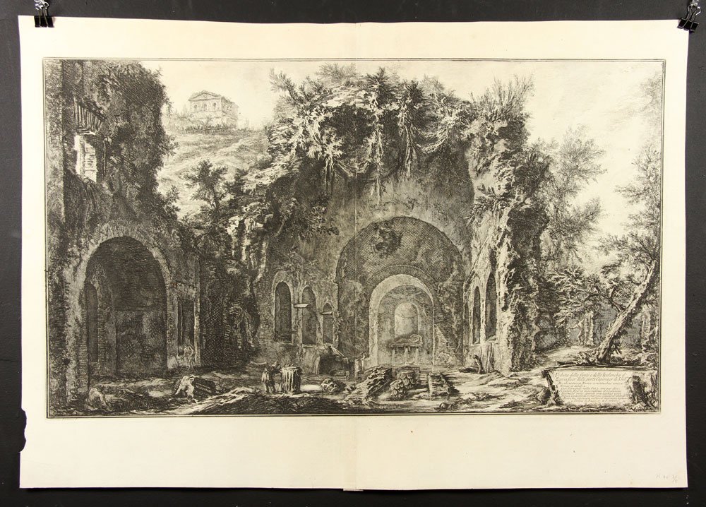 Piranesi, "Veduta della Fonte e delle Spelonche: Giambattista Piranesi, "Veduta della fonte e delle Spelonche d'Egeria," 1766 etching, of Vedute di Roma, ref: Focillon 782, Hind III/V, first Paris edition, 20 1/2" h x 29" w (sheet), 16" h x 27 1/2" 