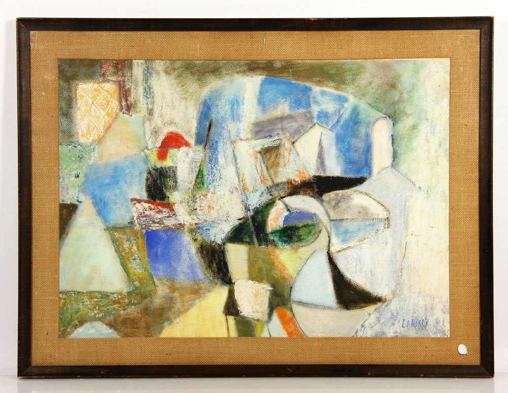 Attr. Lanskoy, Abstract, Gouache: Attributed to Andre Lanskoy, abstract, gouache, signed lower right, framed under glass, 18 1/2" h x 25 3/4" w (view), 24" h x 31 1/4" w (frame). Provenance: From a California estate.