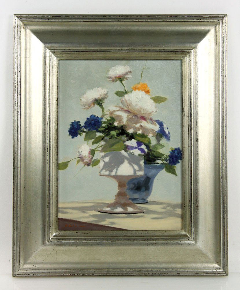 Gisson, Floral Still Life, O/C: Andre Gisson (American, 1921-2003), floral still life, oil on canvas, signed lower left, 11 1/2" h x 8 1/2" w (view), 17 3/4" h x 14 3/4" w(frame). Provenance: From a California estate.