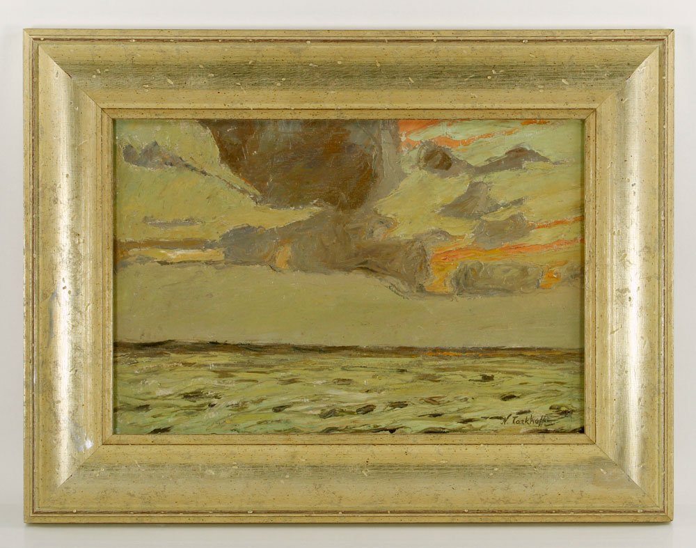 Attr. Tarkhoff, Seascape at Sunset, O/C: Attributed to Nicolas Tarkhoff, seascape at sunset, oil on canvas laid on board, signed lower right, 18 1/4" h x 12" w (view), 19 1/2" h x 25 1/2" w (frame). Provenance: From a California estate.