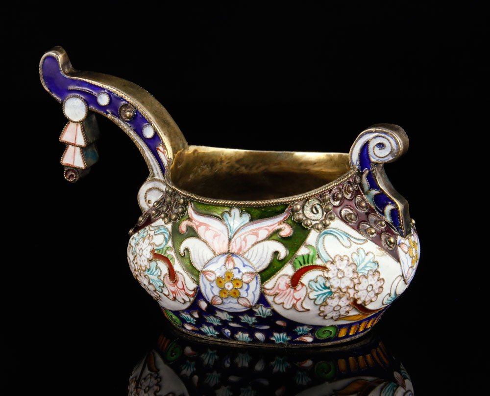 Russian Silver and Enamel Kovsh: Russian kovsh, silver and enamel, marked 84 for .875 silver, with double headed eagle, maker's mark in Cyrillic, 2 5/8" h x 4" w (across handle), approximately 3.9 troy oz TW. Provenance: From a New Y