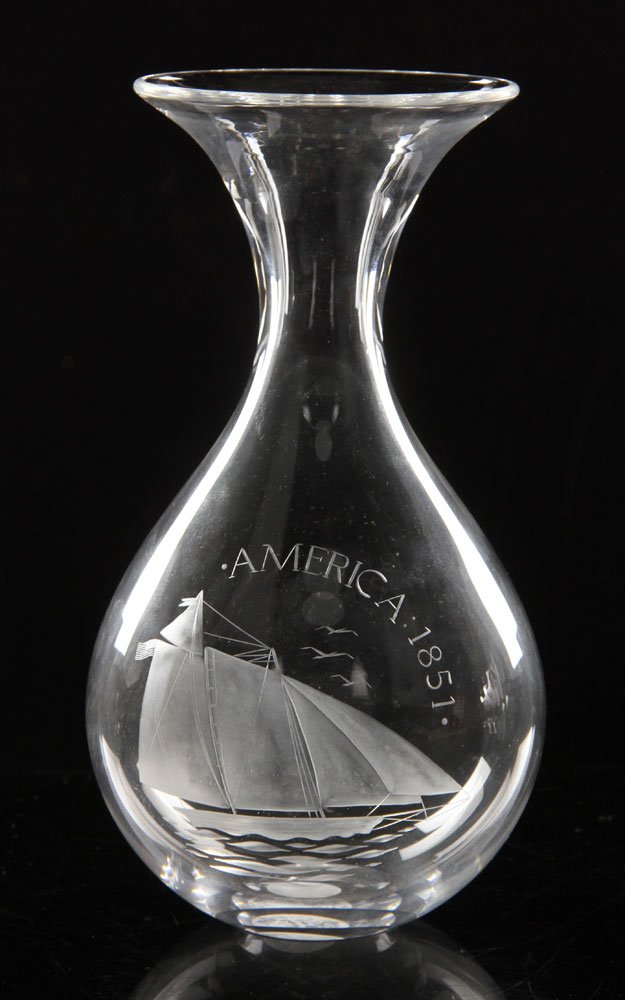 Steuben Glass 1851 America's Cup Carafe: Steuben glass 1851 America's Cup carafe, in original box, 10" h x 5 1/2" dia. Provenance: From a New Hampshire estate.