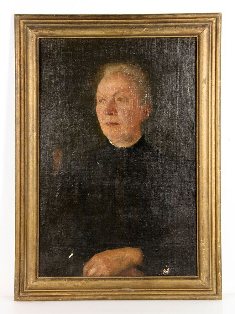 Aiken, Portrait, O/CB: Charles Avery Aiken (American, 1872-1965), portrait, oil on canvas board, many exhibition labels verso, 21 1/2" h x 14" w (view), 26" h x 18 1/2" w (frame). Provenance: From a Florida estate.