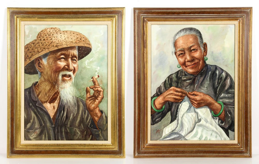 Two 20th C. Chinese Watercolors: Lot of two 20th century Chinese watercolor portraits, one of old man smoking, other of old woman sewing, both signed "Ling," both 20" h x 14 1/2" w (image), 26" h x 20 1/2" w (frame). Provenance: From