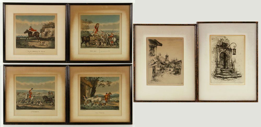 6 Prints: Lot of six prints, to include: two etchings, one signed in pencil "Paul Geissler," 11" h x 8 1/2" w (view), the other signed illegibly, 11" h x 8 1/4" w (view), 18 3/4" h x 14 1/2" w (frame); and four